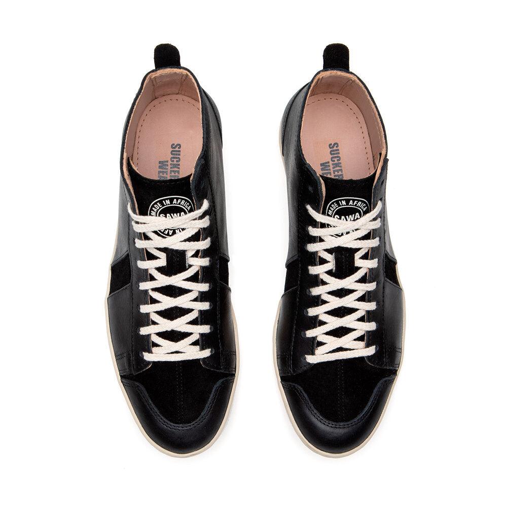 Sawa Tsagué Pull-Up sneaker in black pull-up leather, sole showing the map of Africa